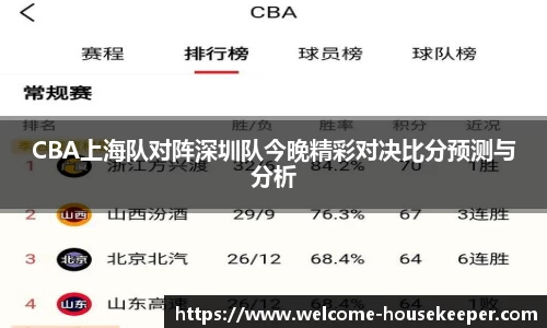 CBA上海队对阵深圳队今晚精彩对决比分预测与分析